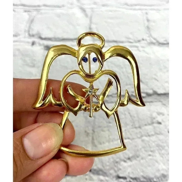 Angel Gold Tone Pin Brooch Christmas Holiday Blue Rhinestone Eyes - Picture 5 of 8